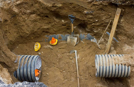 An open trench on a construction site の写真素材