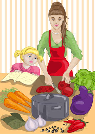 Mother and daughter are cookingのイラスト素材