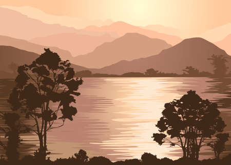 Foggy mountains and lakeのイラスト素材