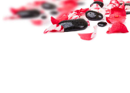Spa stones with rose petals on white backgroundの写真素材