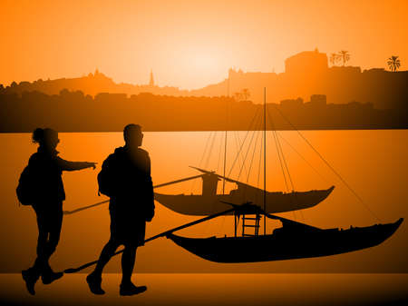 Tourists against Boats on Douro river, Porto Portugalのイラスト素材