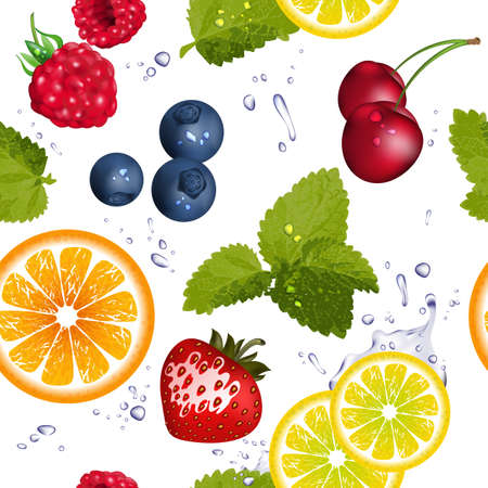 Seamless pattern with fruit and splash of water のイラスト素材