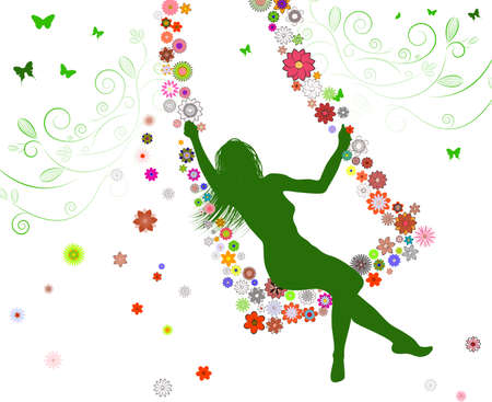 Spring girl on swing のイラスト素材