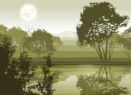 River Landscape with Moon and Trees のイラスト素材