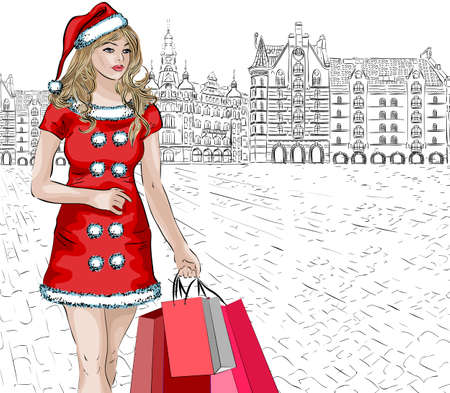  Santa girl with christmas purchases on city background 	Santa girl with christmas purchases on city background のイラスト素材