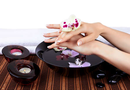 Woman s hands with orchids and bowl of water on whiteの写真素材