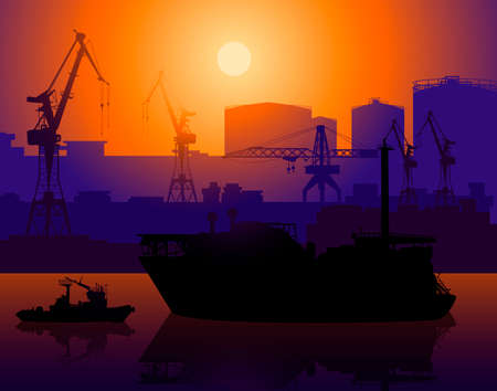 Working cranes and tug in sea portのイラスト素材