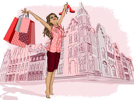 Fashion girl with shopping bags on a cityのイラスト素材