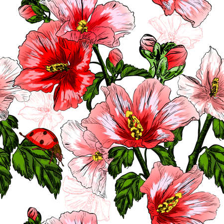 Vector seamless pattern with red Hibiscus flowers and ladybirdのイラスト素材