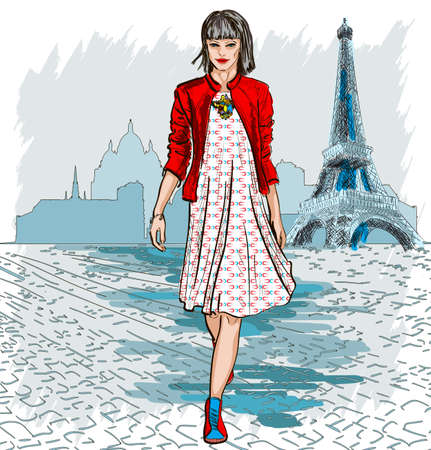 Fashion woman and Paris skylineのイラスト素材