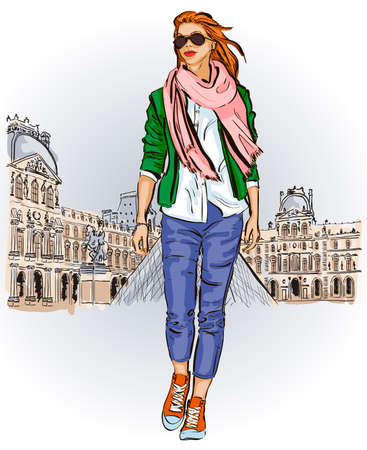 Young girl in sketch-style on a french backgroundのイラスト素材