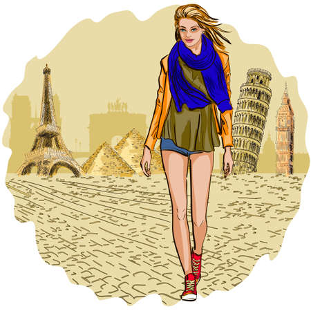 Pretty Fashion woman on Travel and tourism backgroundのイラスト素材