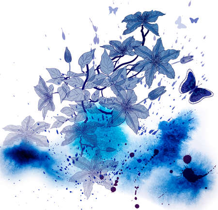Vector clematis flowers on abstract watercolor backgroundのイラスト素材
