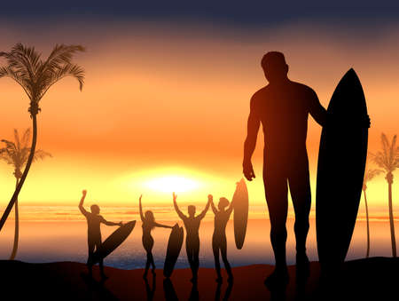 Vector surf scene with beach party