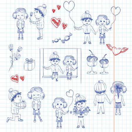 Valentine boy and girl in love, set of romantic picturesのイラスト素材