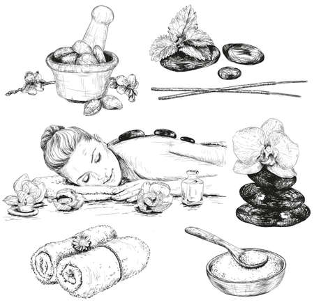 Spa sketch set, Beauty hand drawn illustrationsのイラスト素材