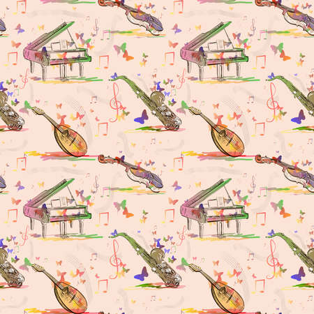 Vector seamless pattern with Musical instruments in abstract styleのイラスト素材