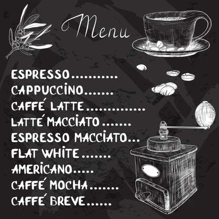 Vector coffee menu with a cup of coffee and coffee grinder drawing with chalk on blackboardのイラスト素材