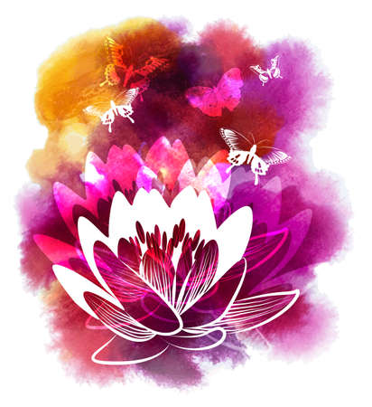 Vector illustration of Spa watercolor background with Lily and Butterflysのイラスト素材