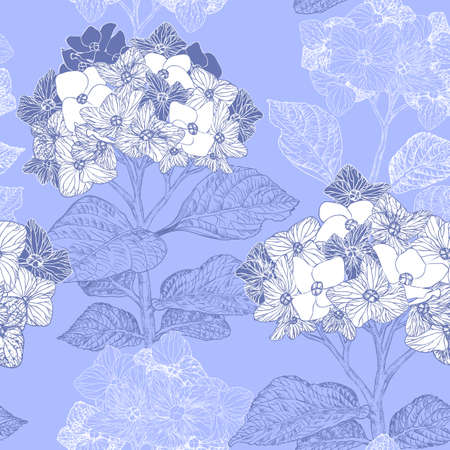 Beautiful vintage floral seamless pattern with hydrangea flowers on a blue backgroundのイラスト素材