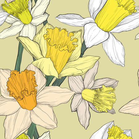 Yellow and white jonquil daffodil narcissus seamless patternのイラスト素材