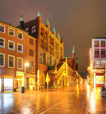 LUBECK, GERMANY - January 15, 2017: The town hall with the Renaissance staircase on pedestrian street in Lubeck, Germanyのeditorial素材