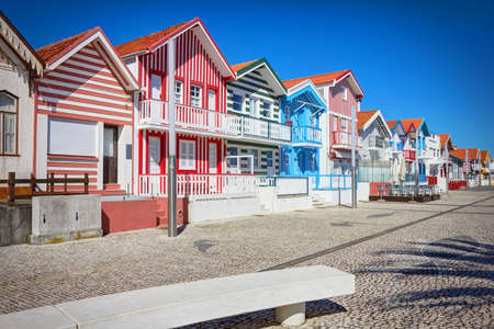 Typical houses with stripes in Costa Nova, Aveiro, Portugalの写真素材