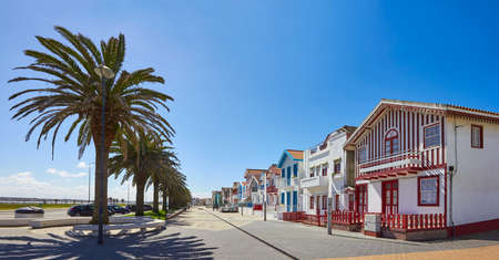 Costa Nova street with striped houses, Aveiro, Portugalのeditorial素材
