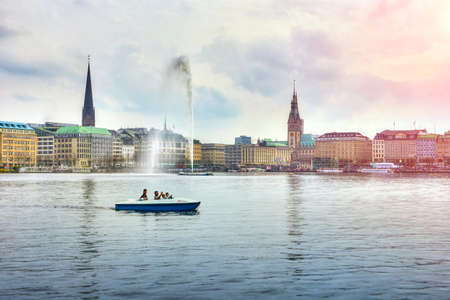 HAMBURG, GERMANY - APRIL 1, 2017: Panoramic view of the lake  wi