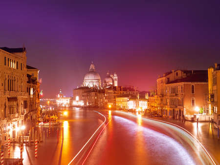 Canal Grande with Basilica Santa Maria della Salute at night, Veniceの写真素材