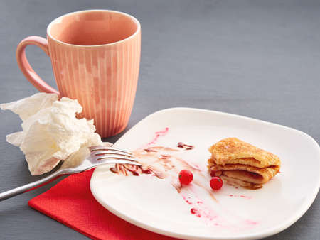 Dirty dish after eating. Copy spaceの写真素材