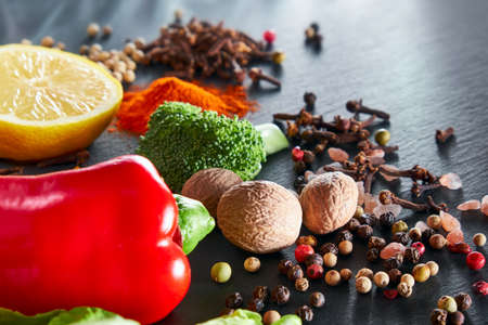 Food and cuisine ingredients: Spices, vegetables and herbsの写真素材