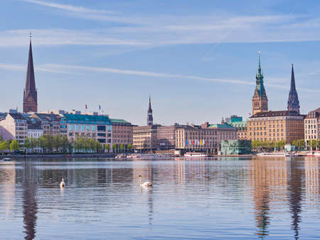 View of famous buildings Town Hall in center of Hamburgの写真素材