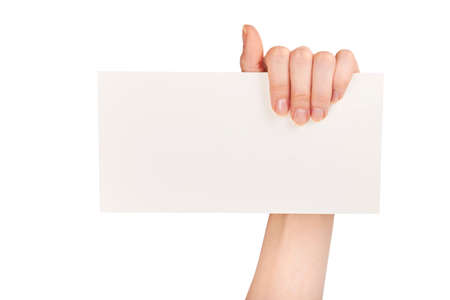 Hand holding white envelope form isolatedの写真素材