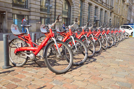 HAMBURG, GERMANY - JUNE 10, 2017: Bicycles in parking station.