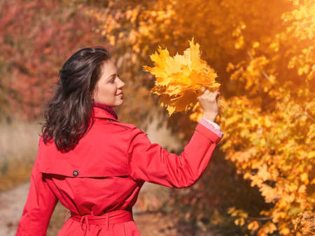 Young woman with yellow leaves in autumn parkの写真素材