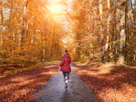 Woman running and training in fall natureの写真素材