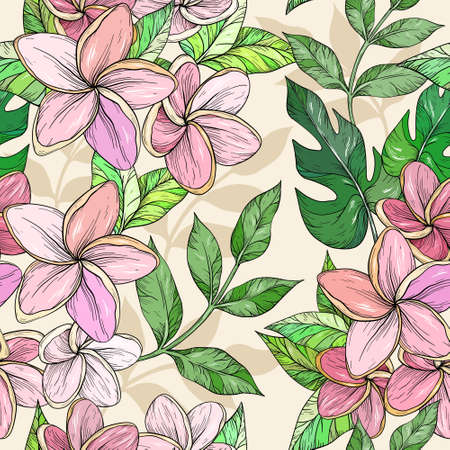 Seamless background of flowers frangipani, plumeria tropical flower, hand drawing illustration, Vector illustration.のイラスト素材