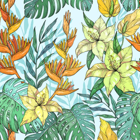 Seamless exotic pattern with tropical leaves and flowers. Blooming jungleのイラスト素材