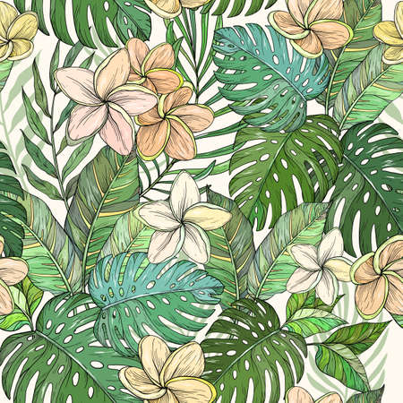 Seamless background of flowers frangipani, plumeria tropical flower,のイラスト素材