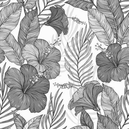 Seamless monochrome exotic pattern with tropical leaves. Tropical flowers and plantsのイラスト素材