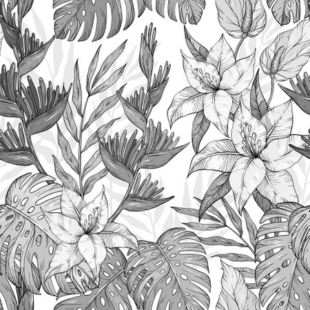Seamless monochrome exotic pattern with tropical leaves and flowers. Blooming jungleのイラスト素材