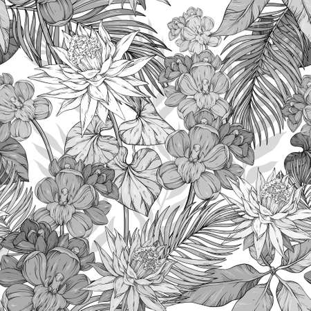 Seamless monochrome background with floral elemants, orchid flowers and tropical plantsの写真素材