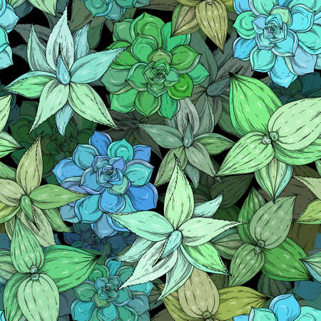 Seamless pattern with aloe, cactus, Foliage and branch. Floral illustration.のイラスト素材