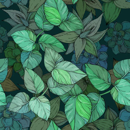 Tropical jungle seamless pattern on dark green foliage background,のイラスト素材
