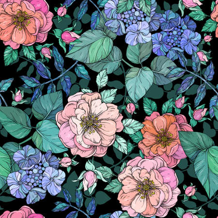Seamless pattern with hand drawn pink roses and hydrangea flowers on black backgroundの写真素材