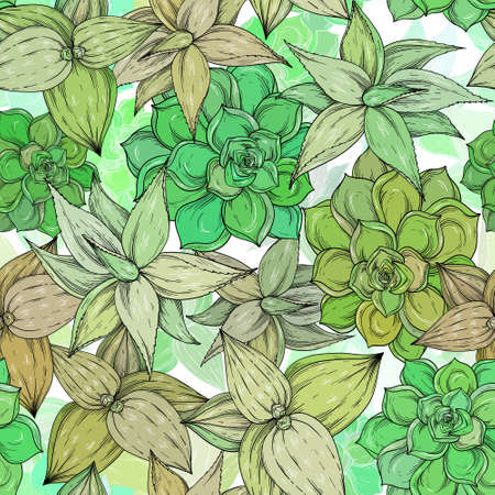Seamless pattern with aloe, cactus, Foliage and branch.のイラスト素材