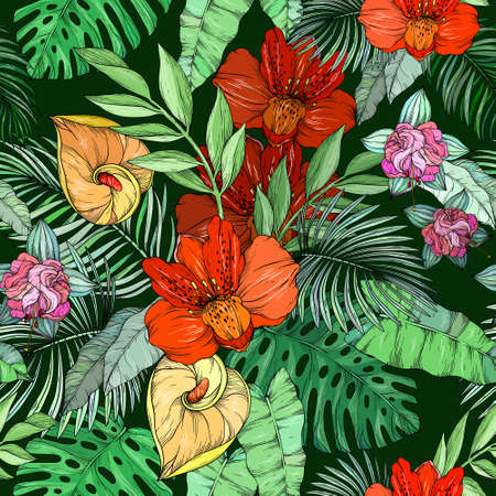 Seamless pattern with colorful flowers on black backgroundのイラスト素材