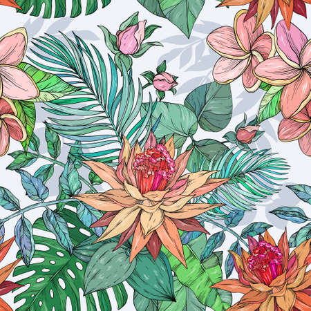 Seamless background of flowers frangipani, palm branch and tropical flowers, hand drawing illustrationのイラスト素材