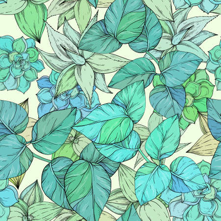 Tropical jungle seamless pattern, green foliage background,のイラスト素材